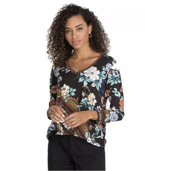 Johnny Was Golden Spring Floral Print Long Sleeve V-Neck Tee Top – Size S - Picture 3 of 15
